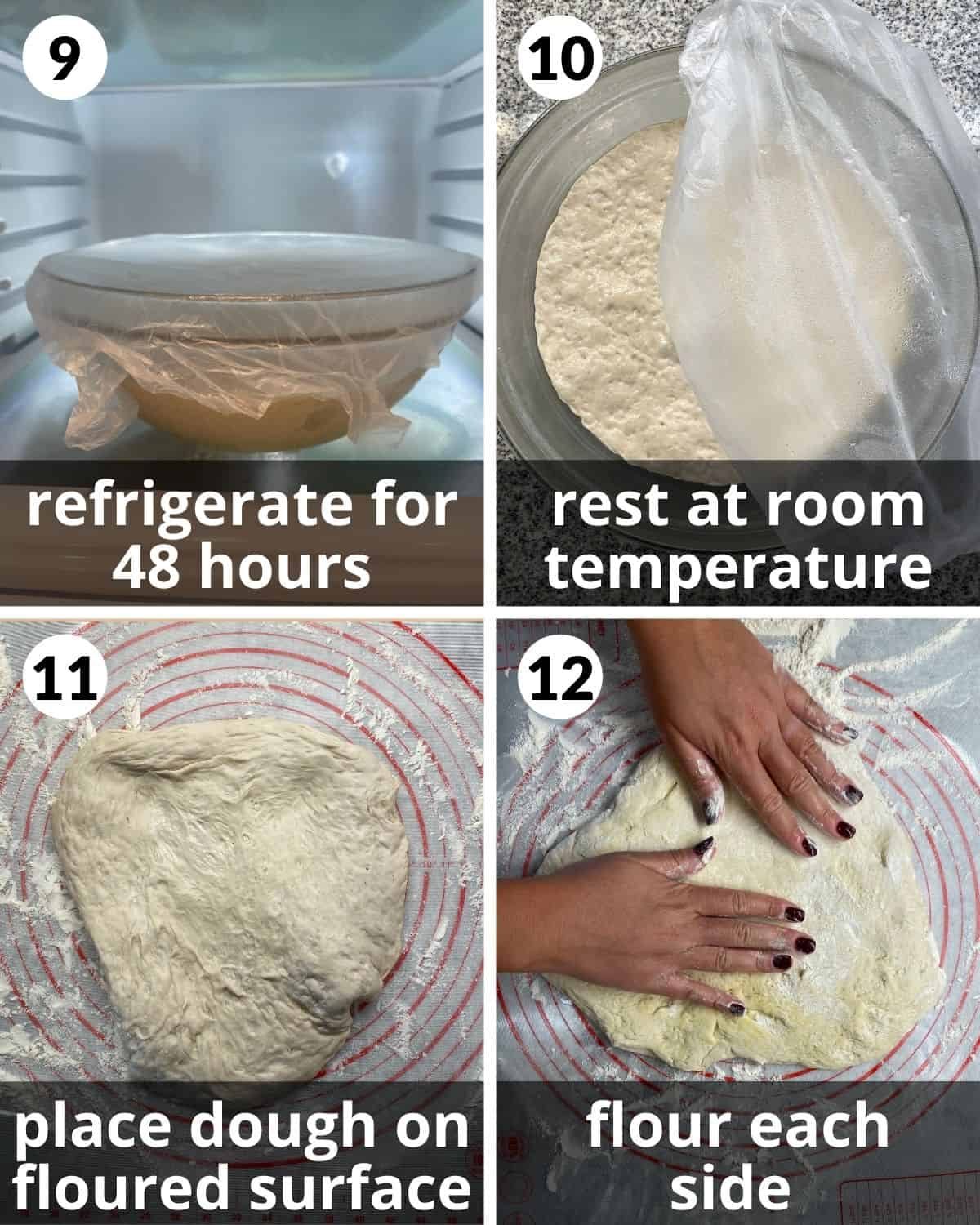 4 photos. Dough in fridge. Dough at room temp. Dough on surface. Dough spread with flour.