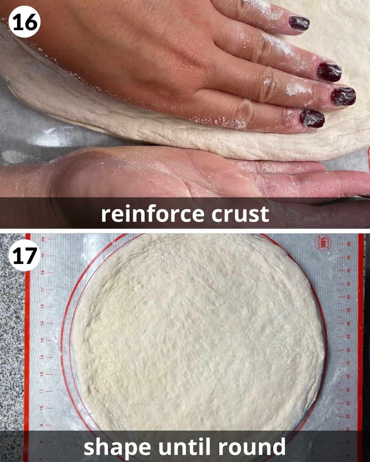 2 photos. Crust squeezed between 2 hands. Final rounded crust on floured surface.