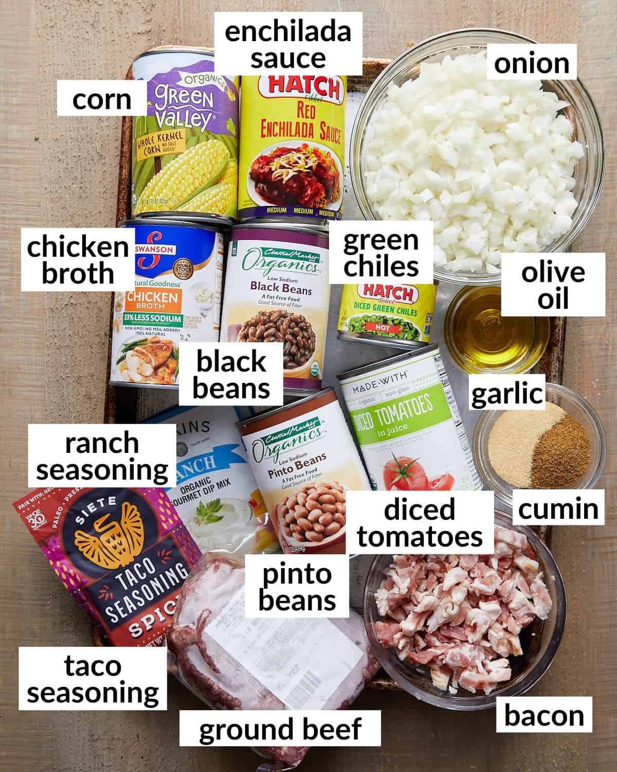 Overhead image of ingredients needed to make 7-can taco soup.