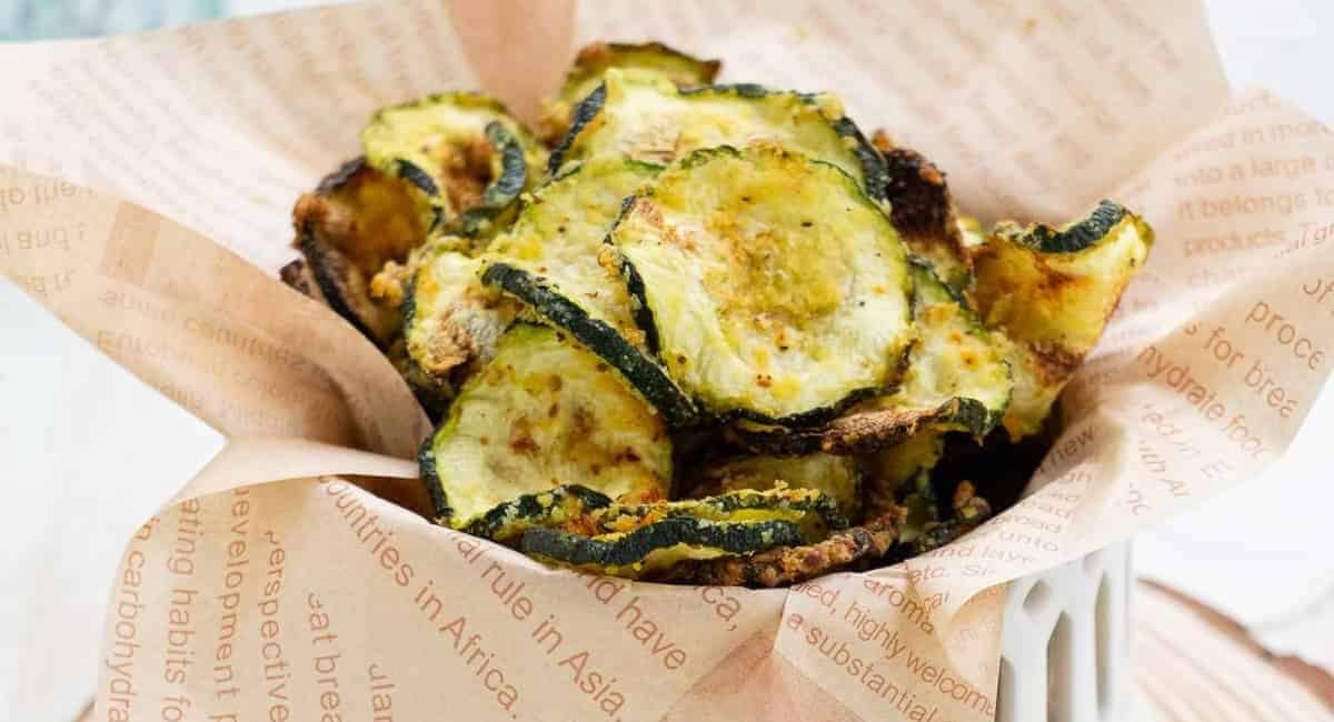 Up close image of air fryer zucchini chips.