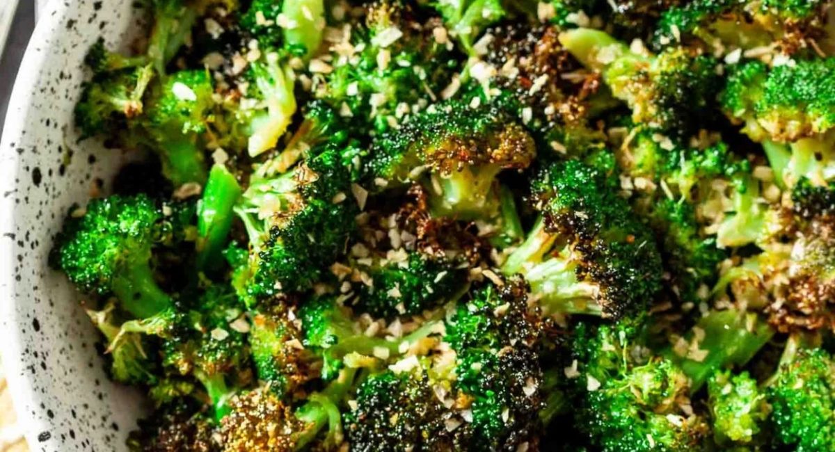 Overhead image of air fryer broccoli.