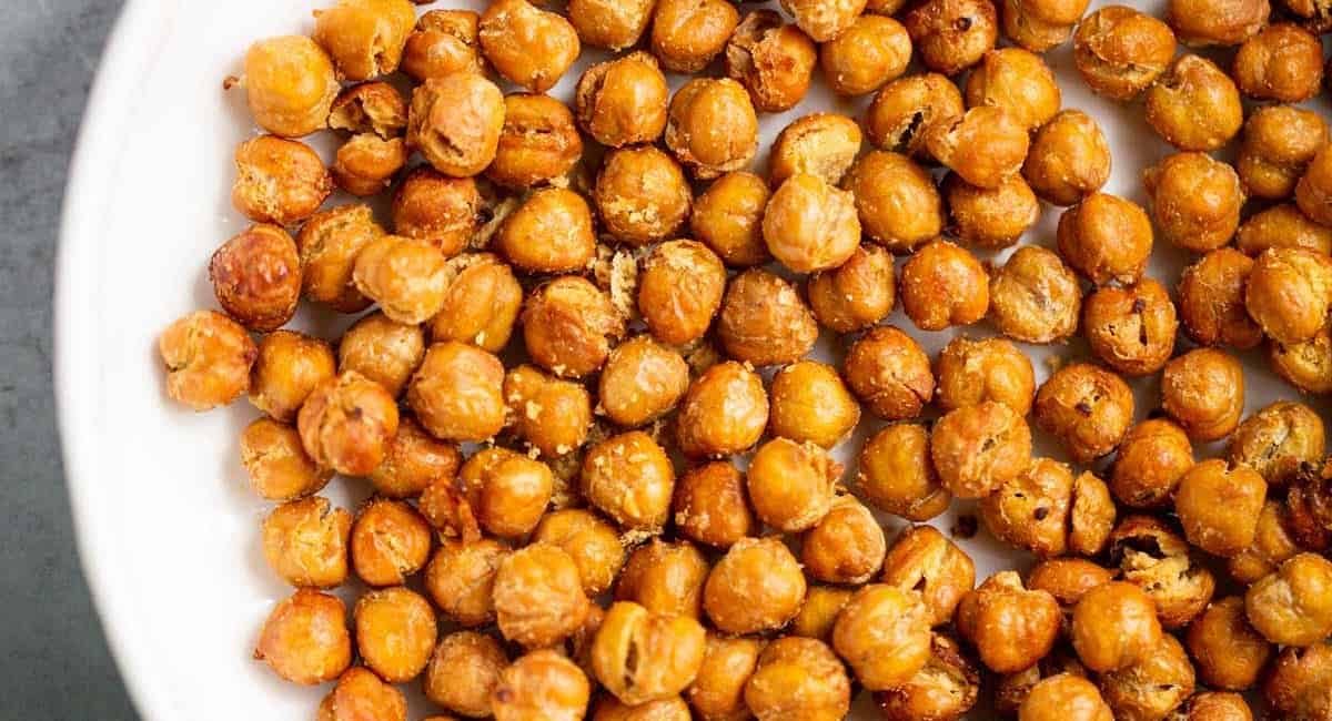 Overhead image of air fryer chick peas.