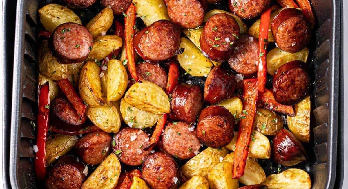 Overhead image of air fryer Kielbasa.