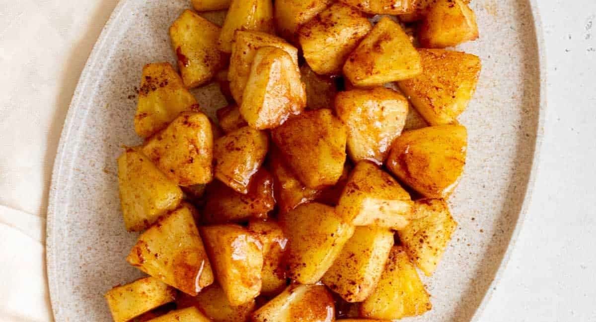 Overhead image of air fryer pineapples.