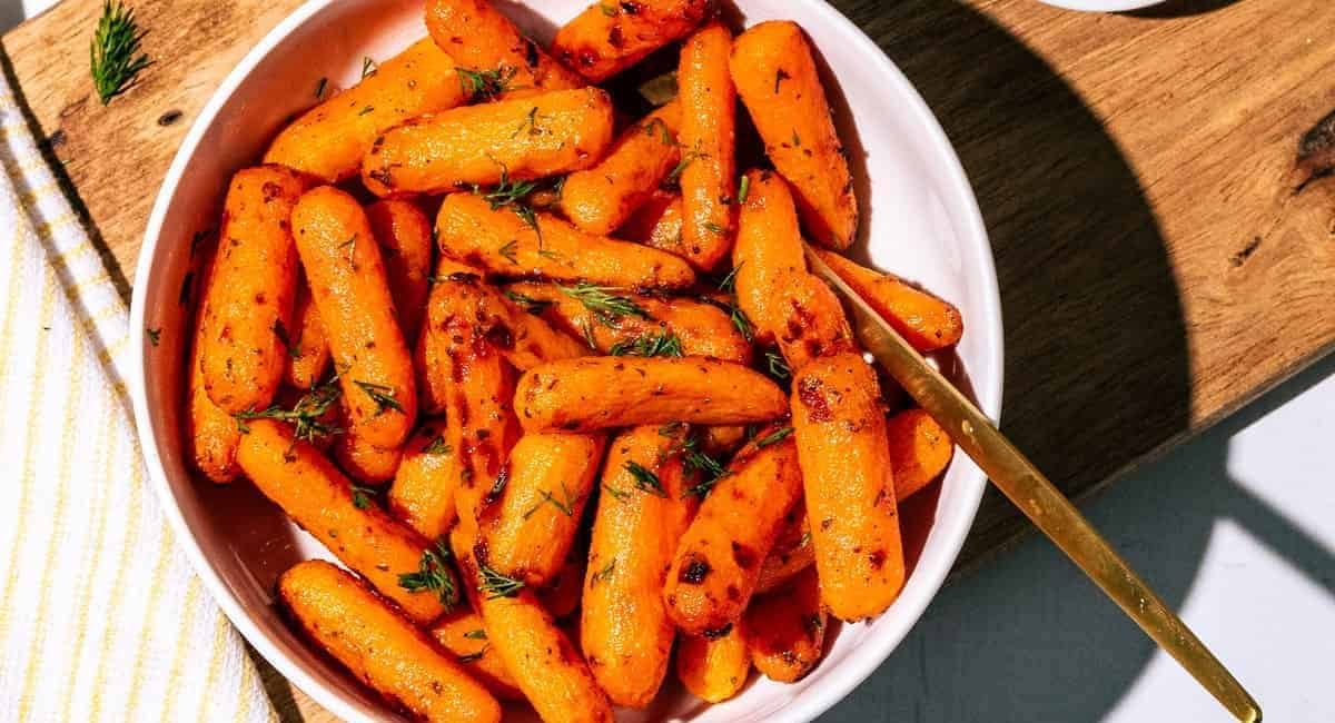 Overhead image of air fryer ranch carrots.