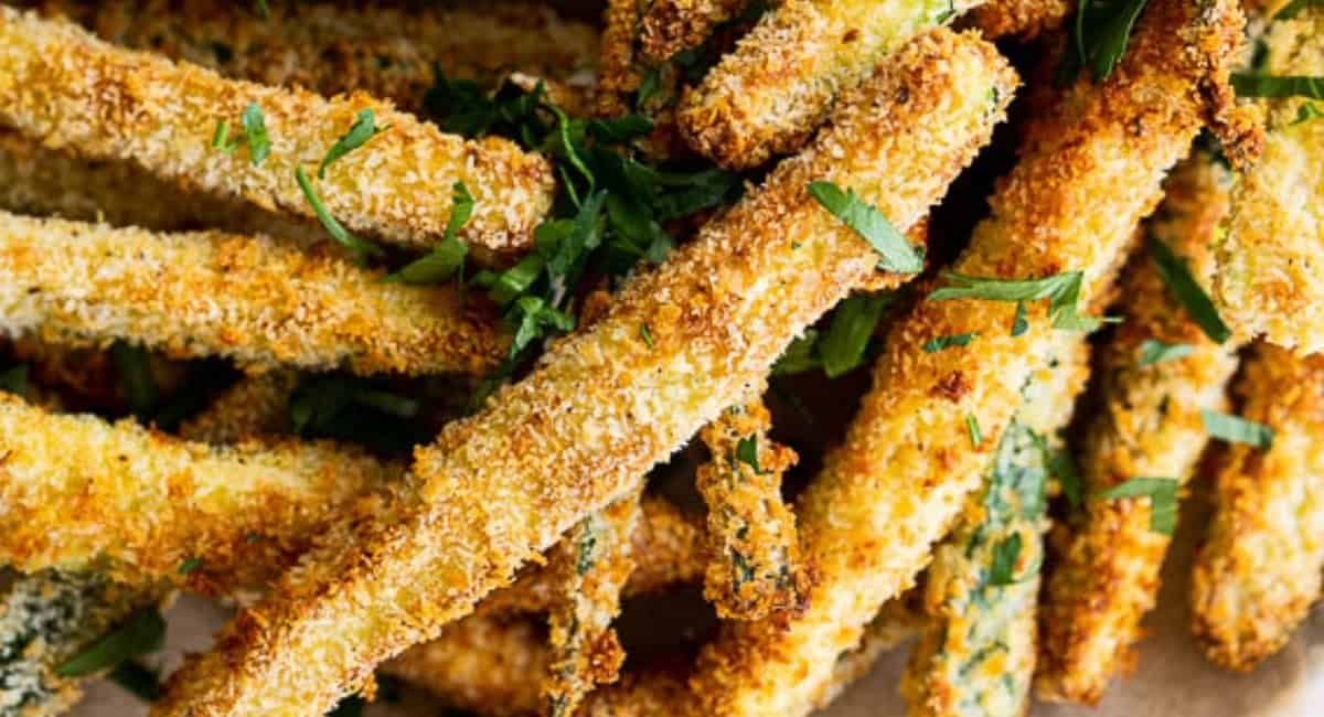 Overhead image of air fryer zucchini fries.