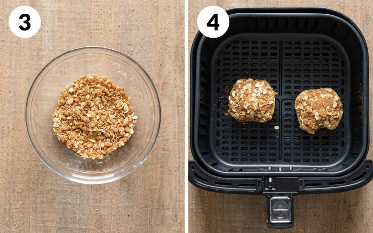 A 2 photo collage showing the mid steps of air fryer apples recipe.