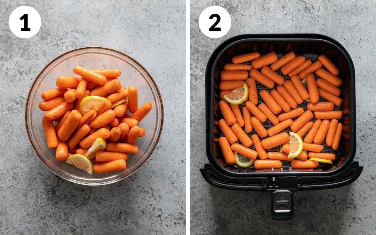 steps 1 & 2 carrots tossed with oil and seasonings in bowl baby carrots in air fryer basket