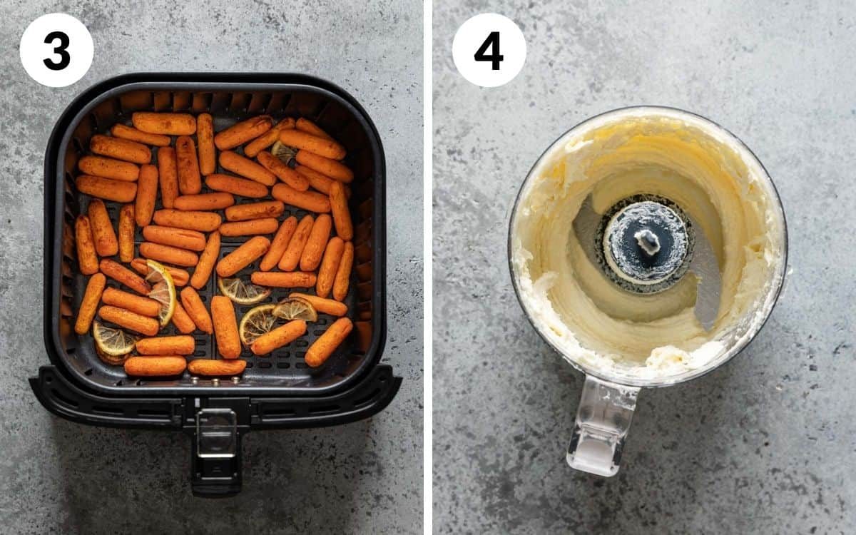 steps 3 & 4 carrots roasted in air fryer whipped feta in food processor