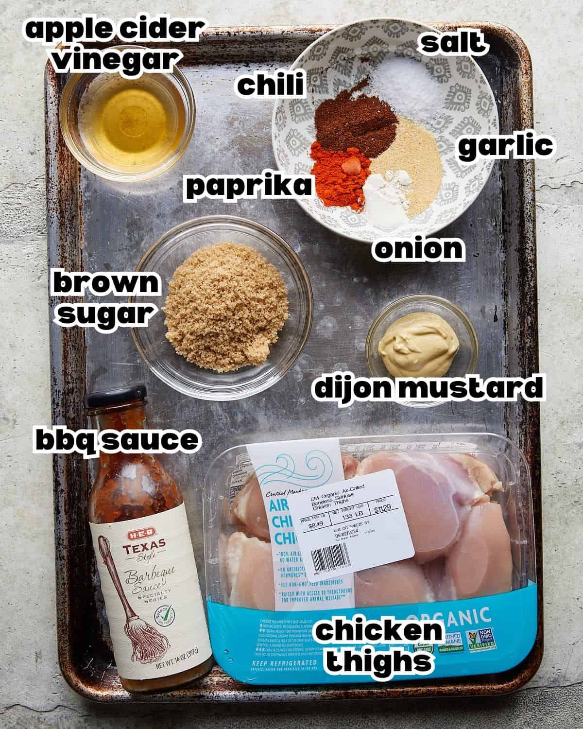 Overhead image of ingredients needed to make air fryer bbq chicken thighs.