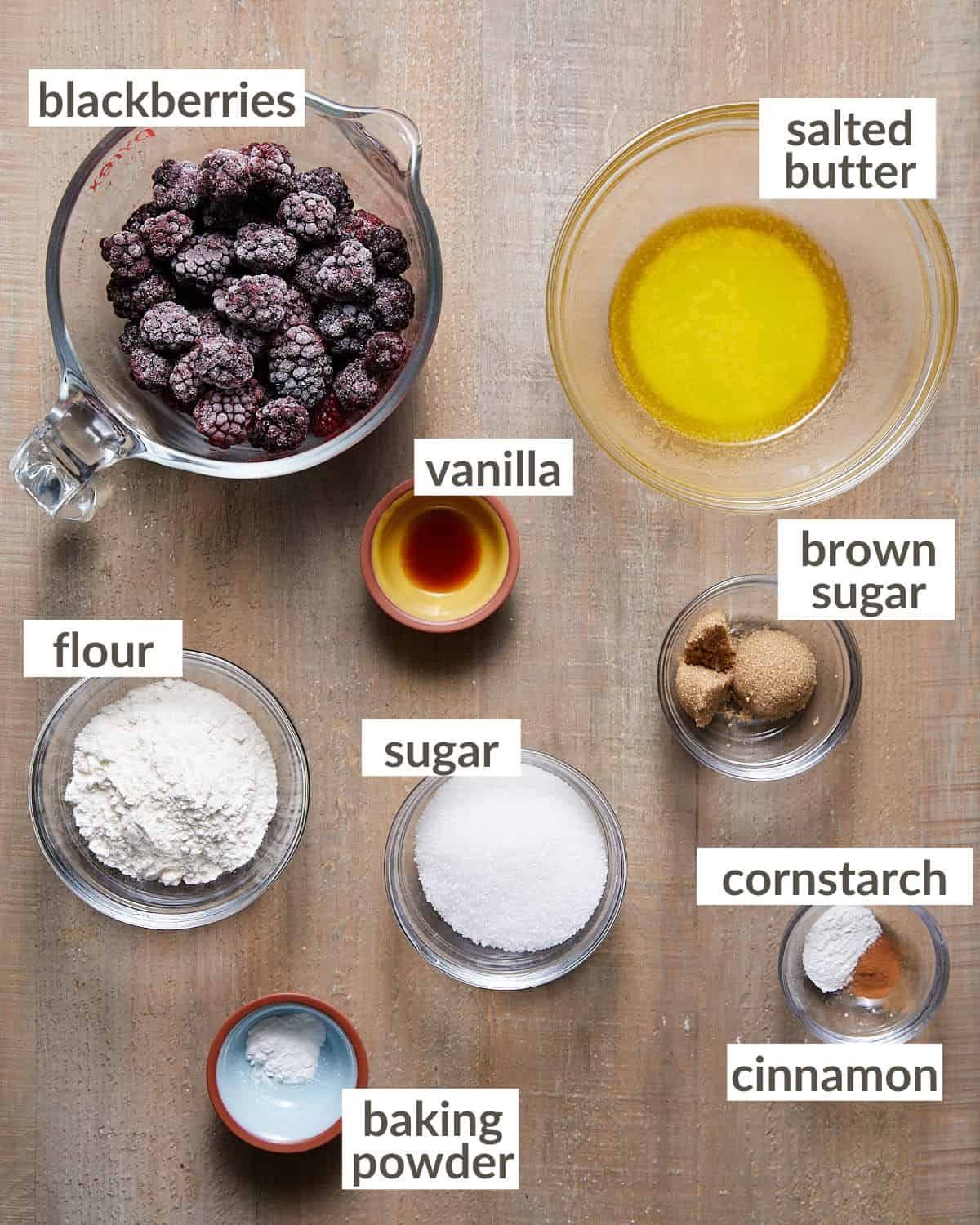 Overhead image of ingredients needed to make air fryer blackberry cobbler.