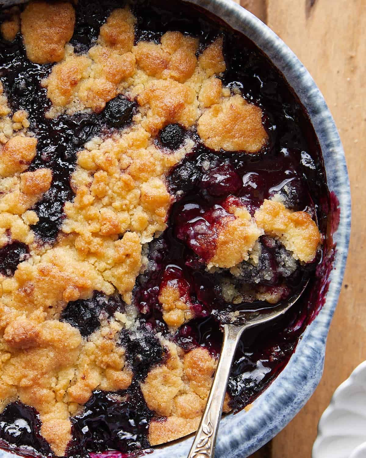Up close image of air fryer blueberry cobbler.