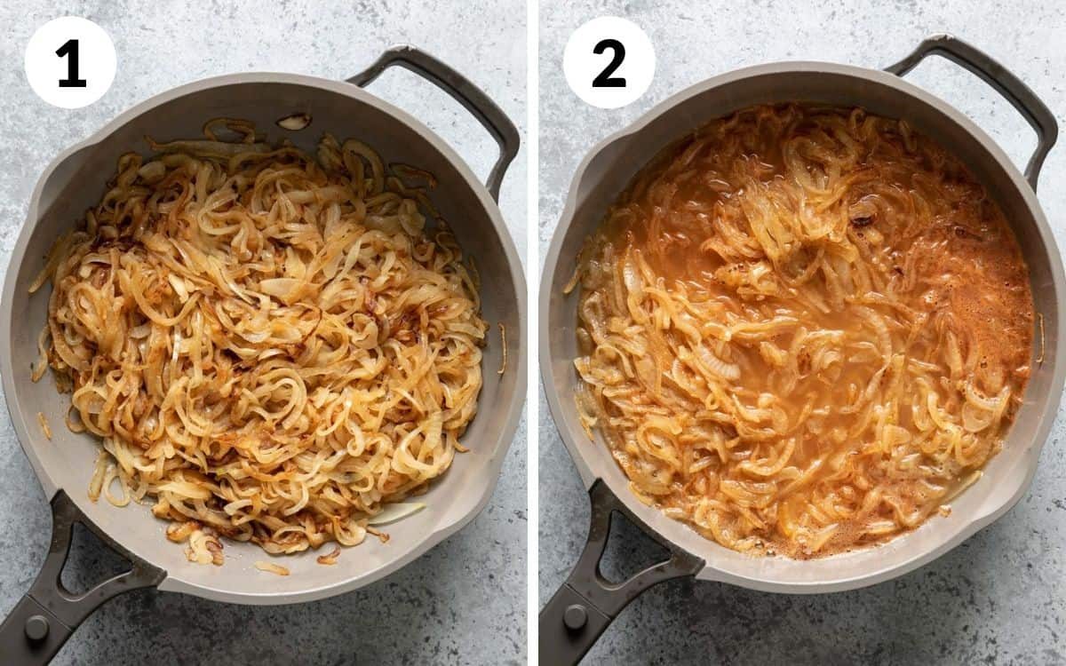 steps 1 & 2 browned onions beer added to onions