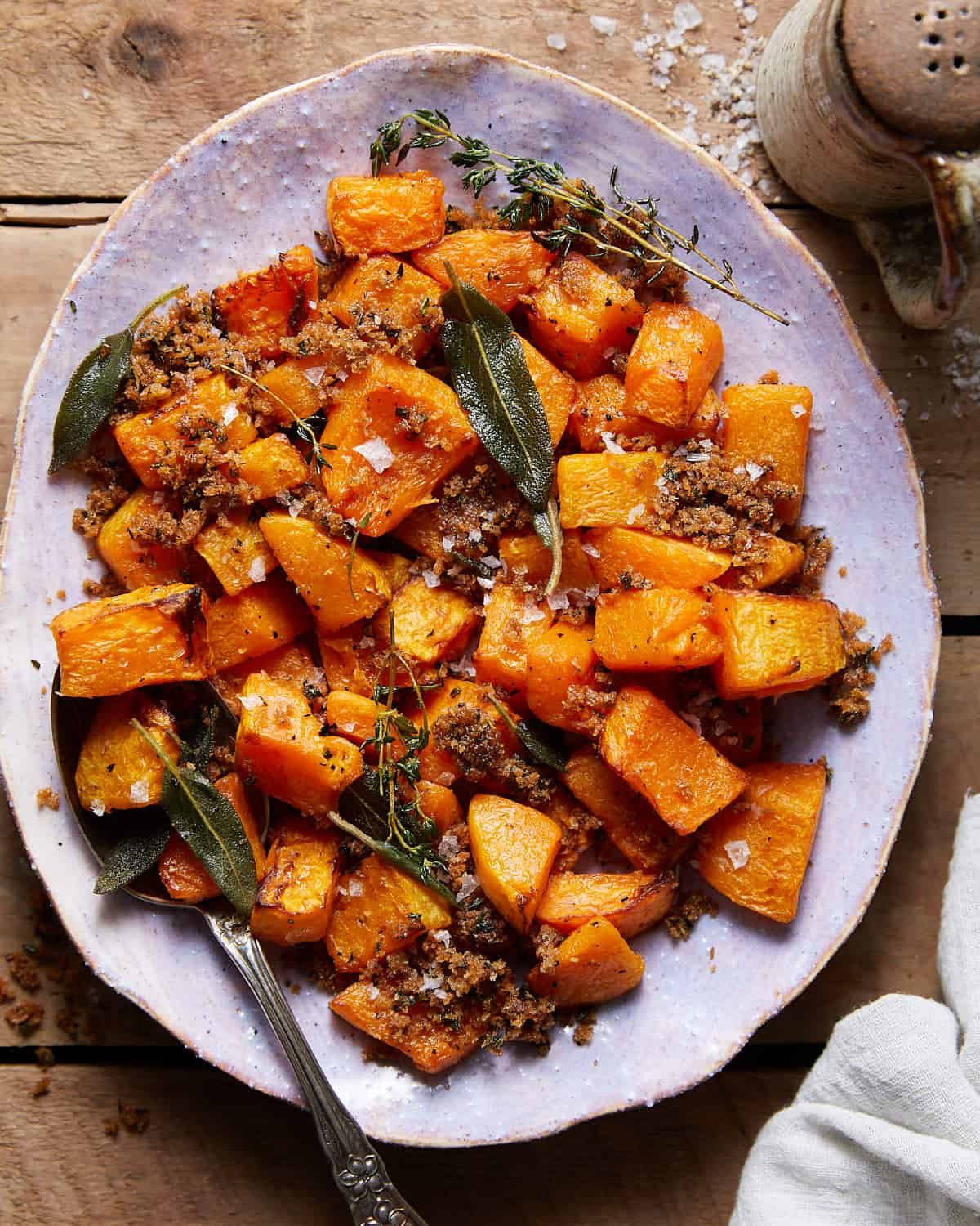 Overhead image of air fryer butternut squash.