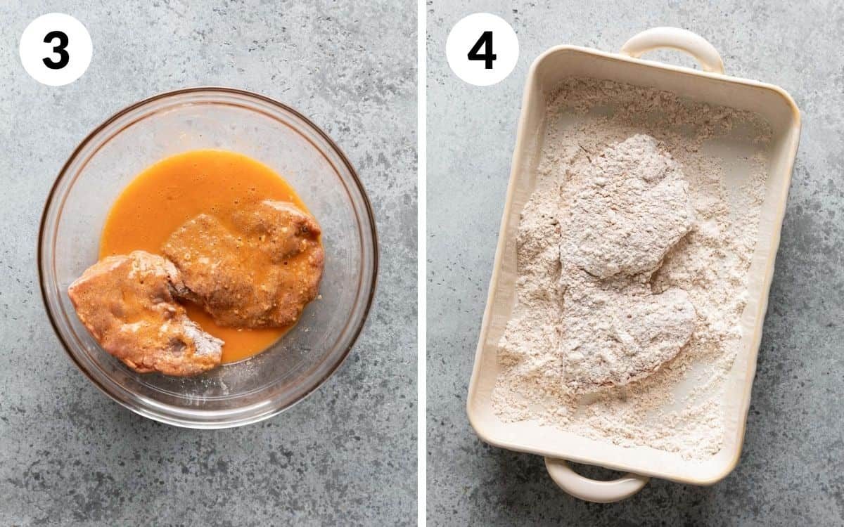 steps 3 & 4 steak in egg wash steak back into the flour