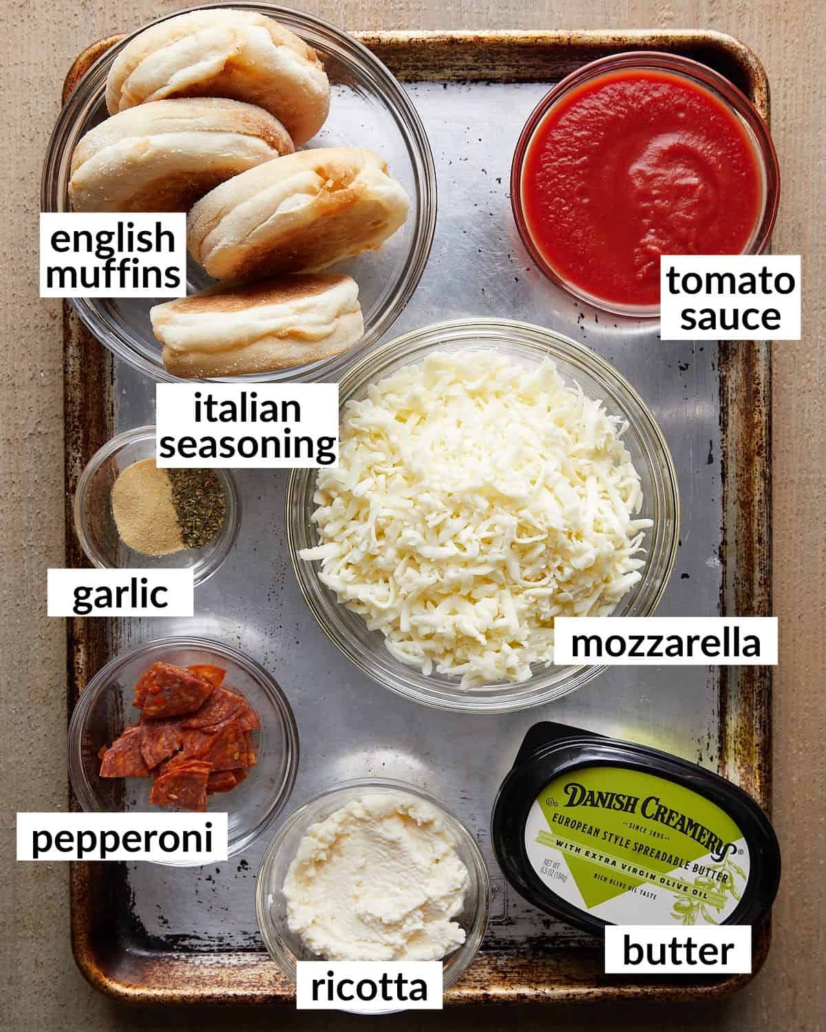 Overhead image of air fryer english muffin pizza ingredients.