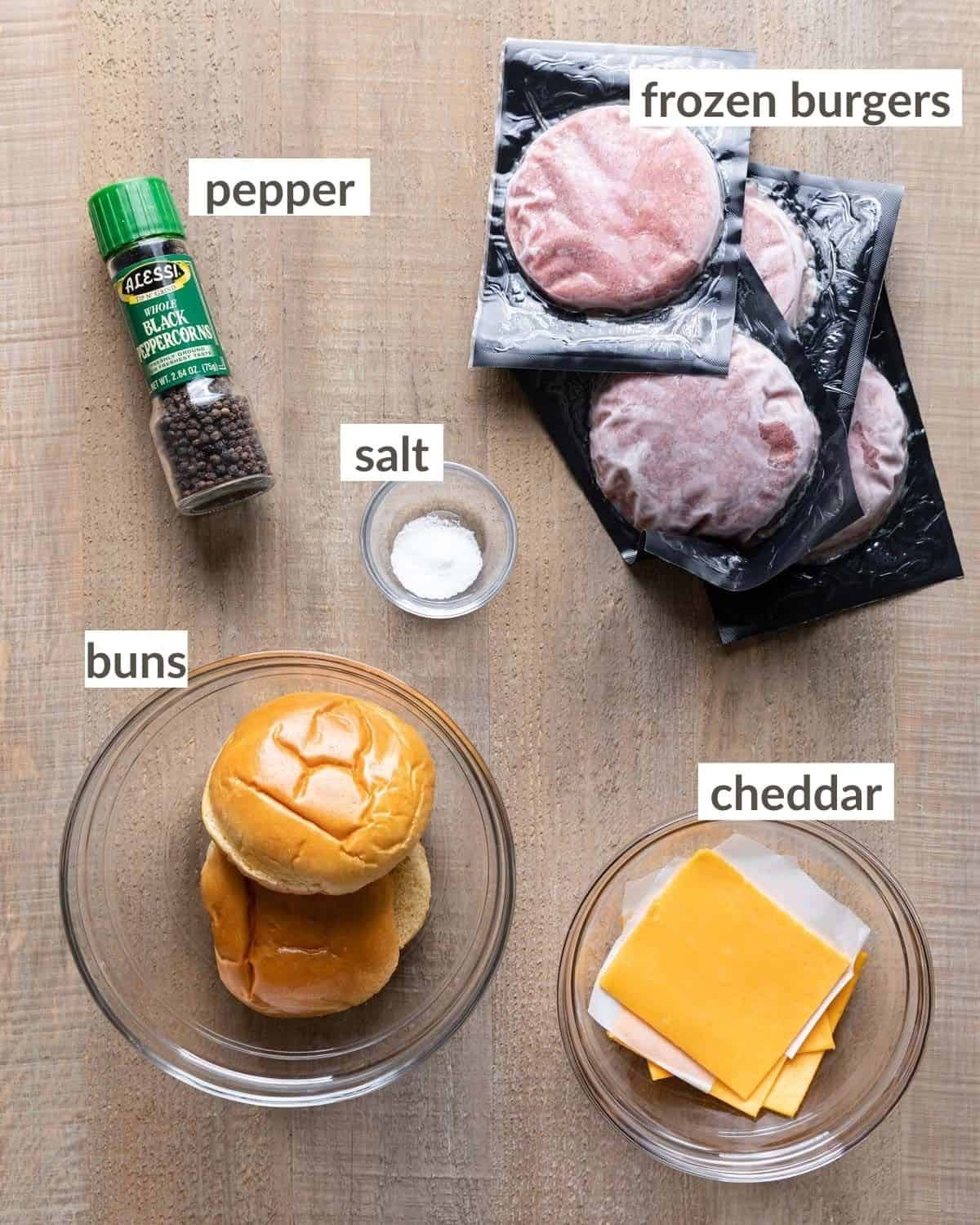 Overhead image of ingredients needed to make frozen burgers in the air fryer.