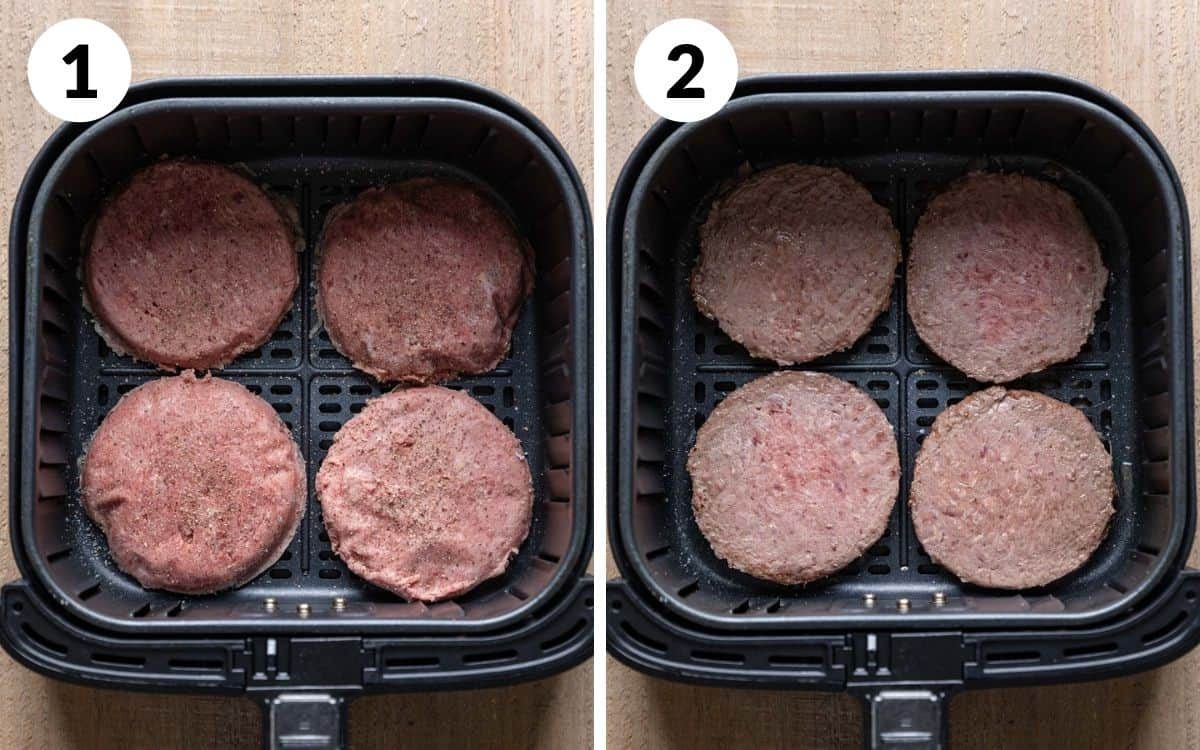A two photo collage showing the first steps for frozen burgers in the air fryer.