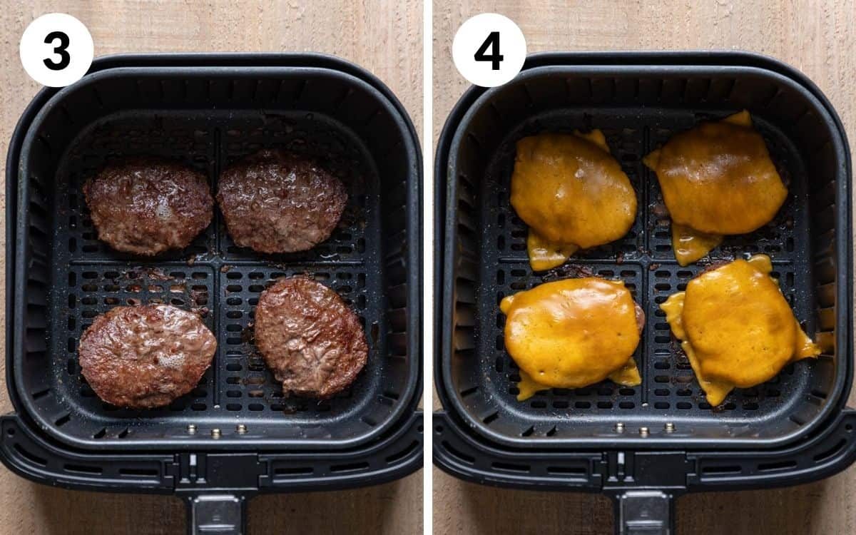 A two photo collage showing steps 3 and 4 for frozen burgers in the air fryer.