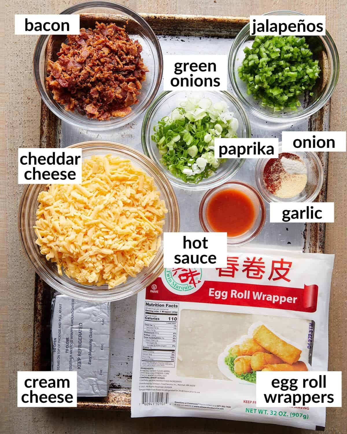 Overhead image of ingredients needed to make jalapeno pepper egg rolls.
