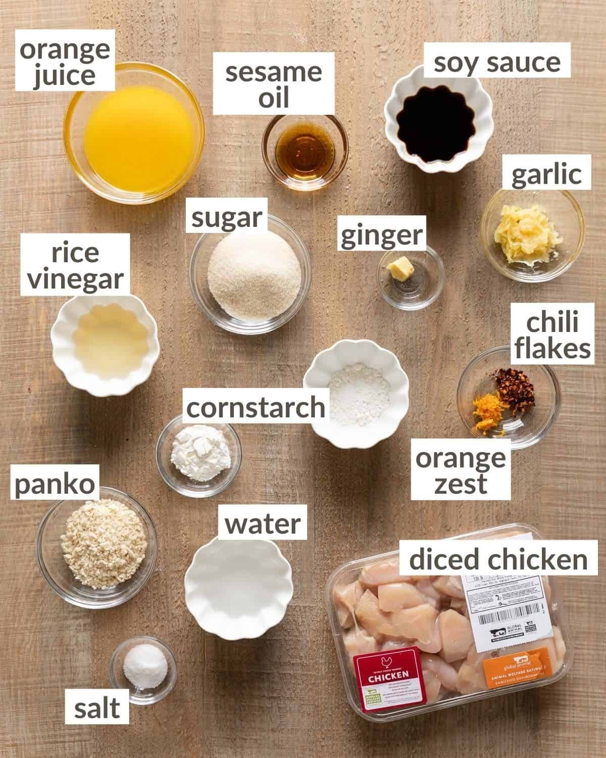 Overhead image of ingredients needed to make air fryer orange chicken.