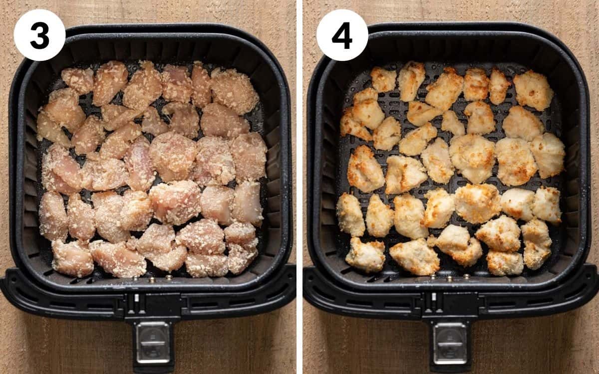A two photo collage showing the middle steps of air fryer orange chicken.