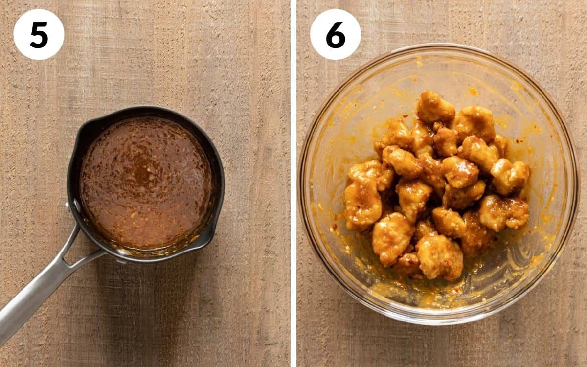 A two photo collage showing the final steps of air fryer orange chicken.
