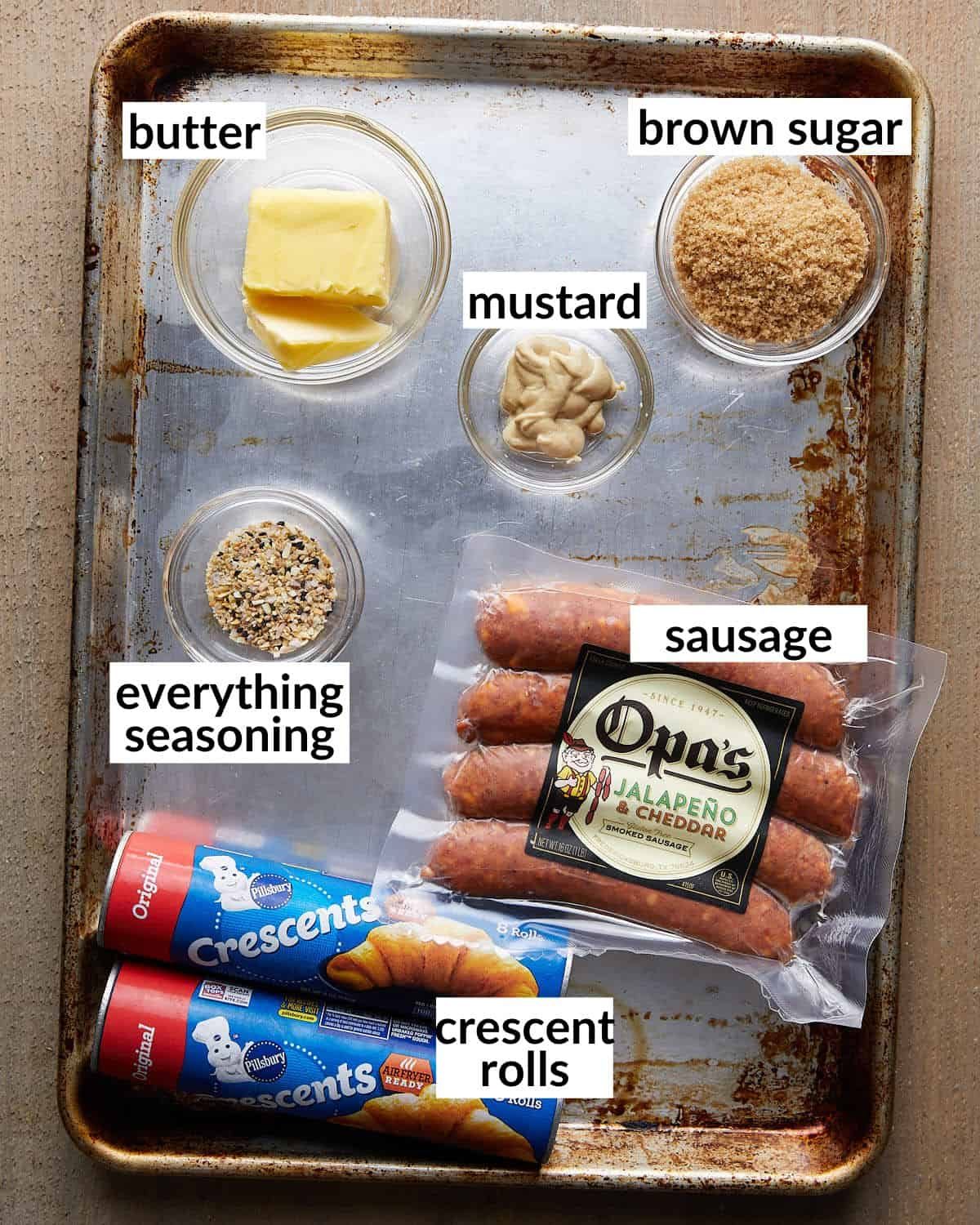 Overhead image of ingredients needed to make air fryer pigs in a blanket.