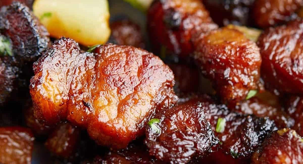 Up close image of air fryer pork belly bites.