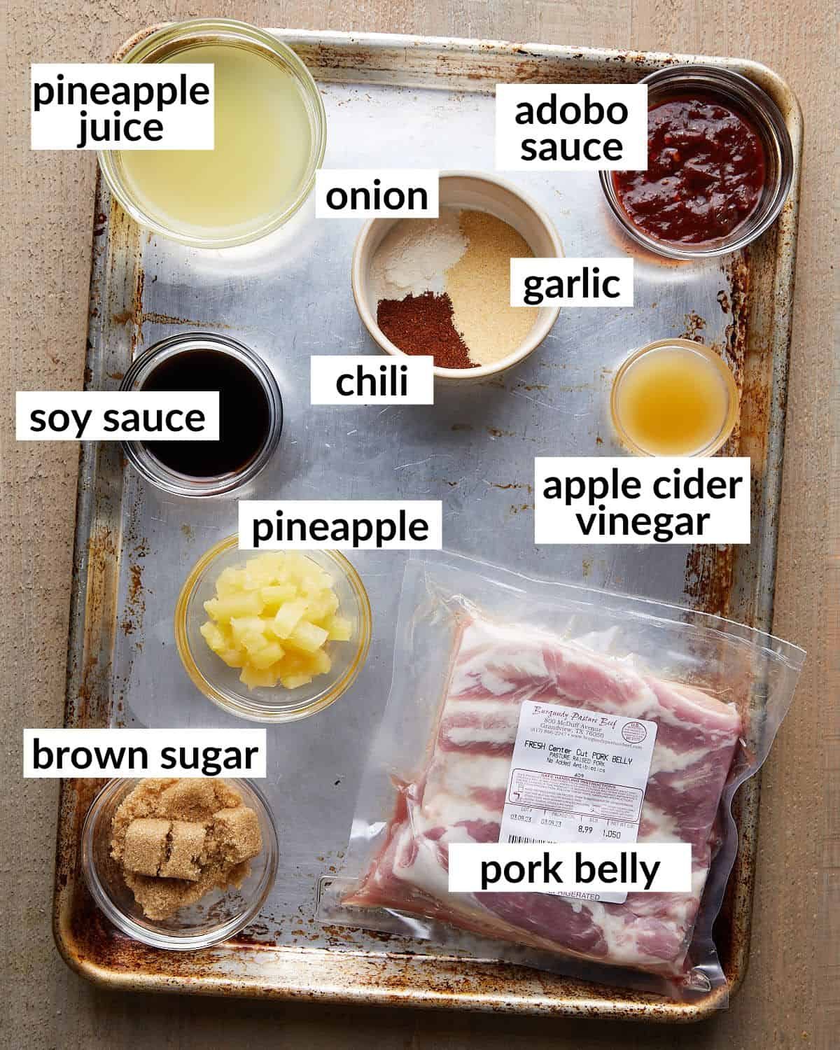 Overhead image of ingredients needed to make air fryer pork belly bites.