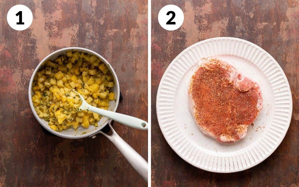 steps 1 & 2 compote in saucepan raw pork chop with rub