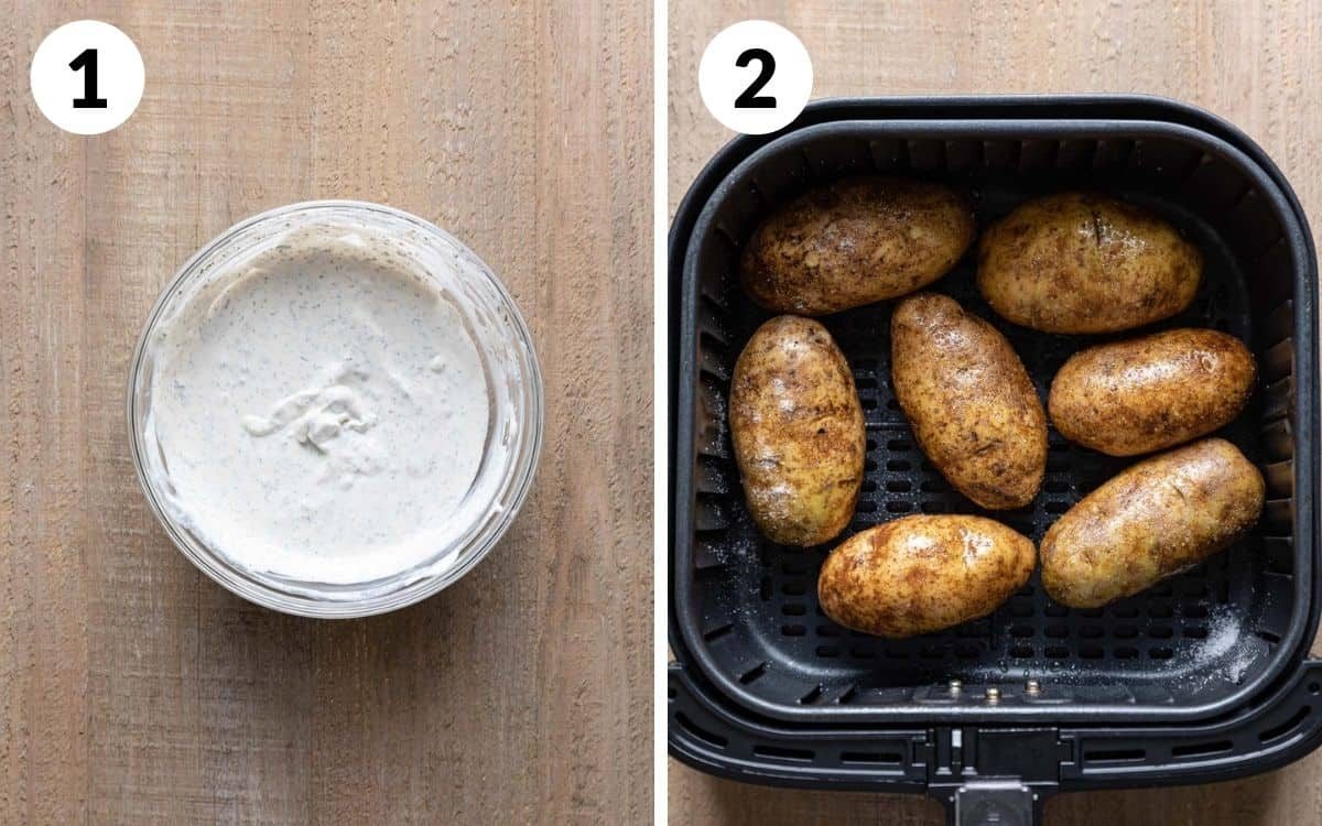 steps 1 & 2 sour cream sauce in mixing bowl baked potatoes in air fryer