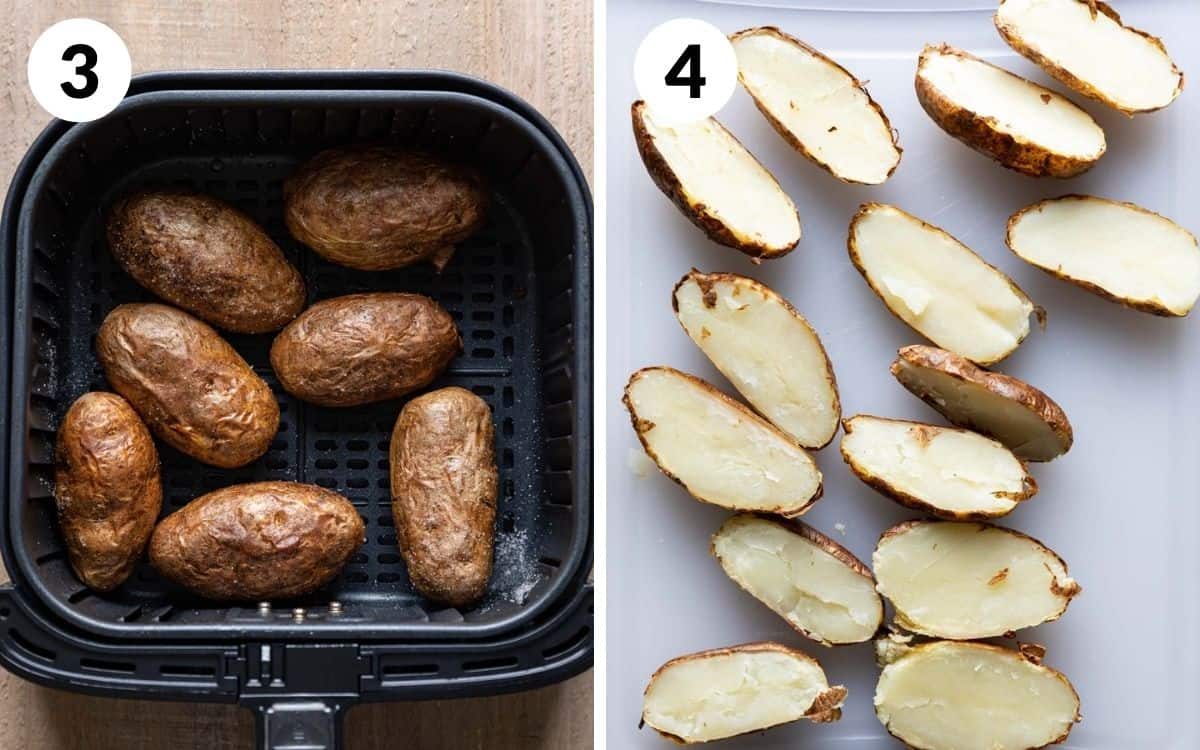 steps 3 & 4 baked potatoes in air fryer potatoes sliced in half