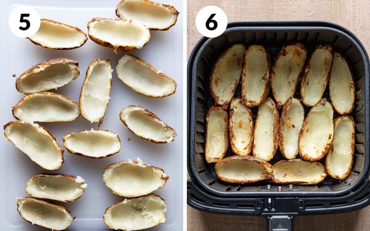 steps 5 & 6 empty potato skins on cutting board potato skins browned in air fryer