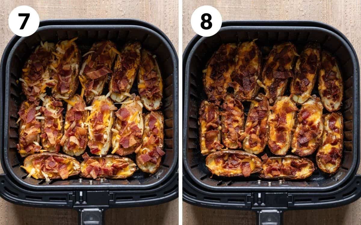 steps 7 & 8 cheese and bacon packed in potato skins finished potato skins in air fryer