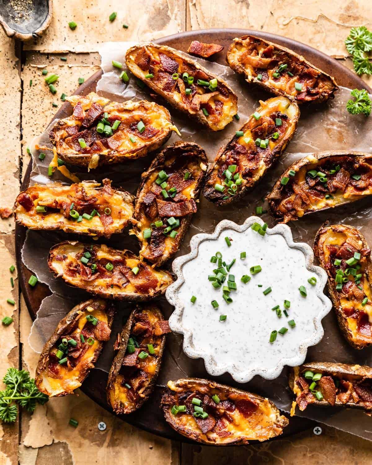 overhead of air fryer potato skins on a tray