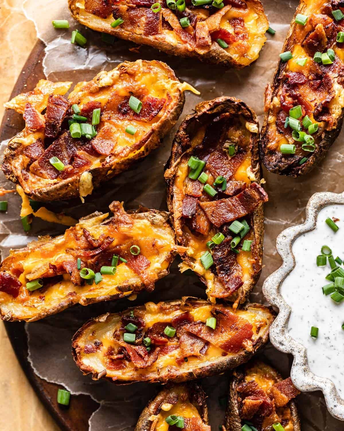 closeup of the air fryer potato skins