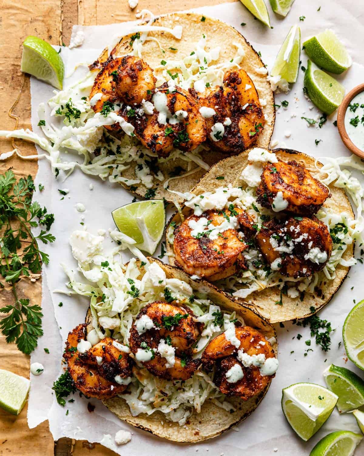 Overhead image of air fryer shrimp tacos.