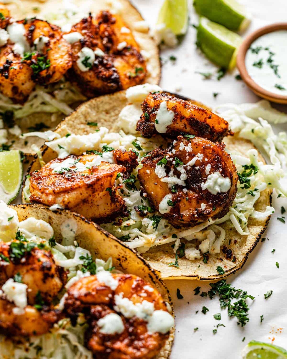 Up close image of air fryer shrimp tacos.