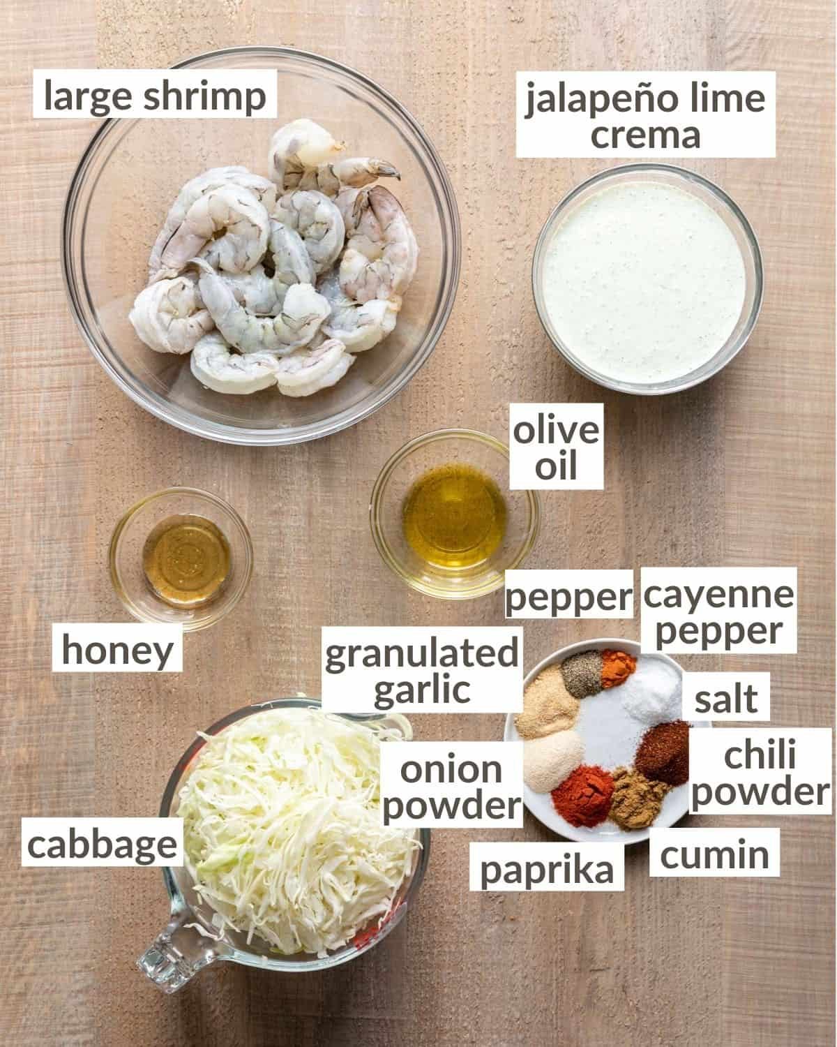 Overhead image of ingredients needed to make air fryer shrimp tacos.