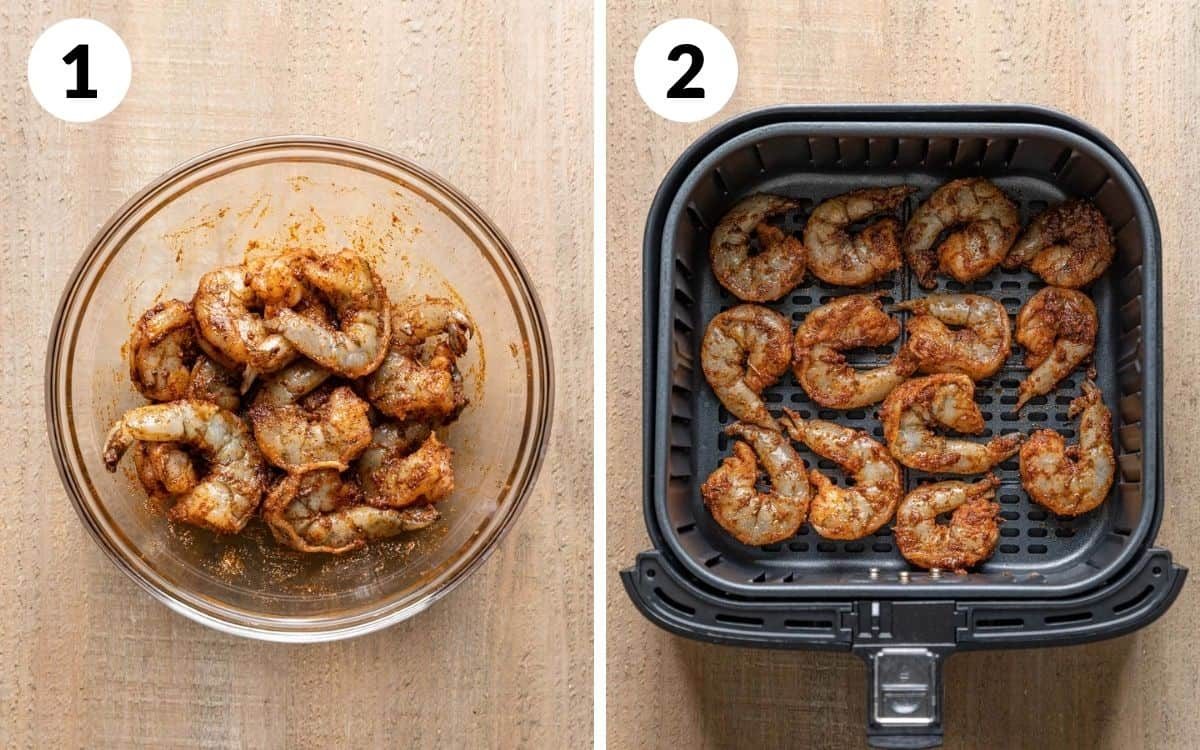 A two photo collage showing the beginnings steps of air fryer shrimp tacos.