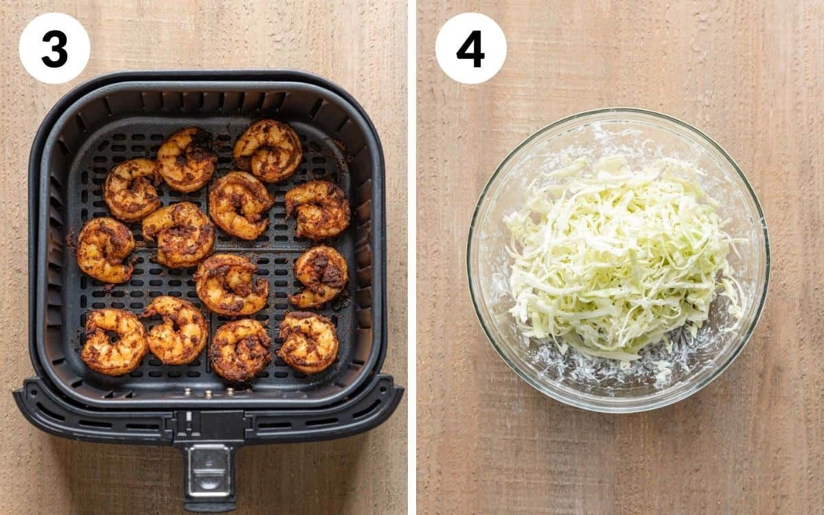 A two photo collage showing the final steps for air fryer shrimp tacos.