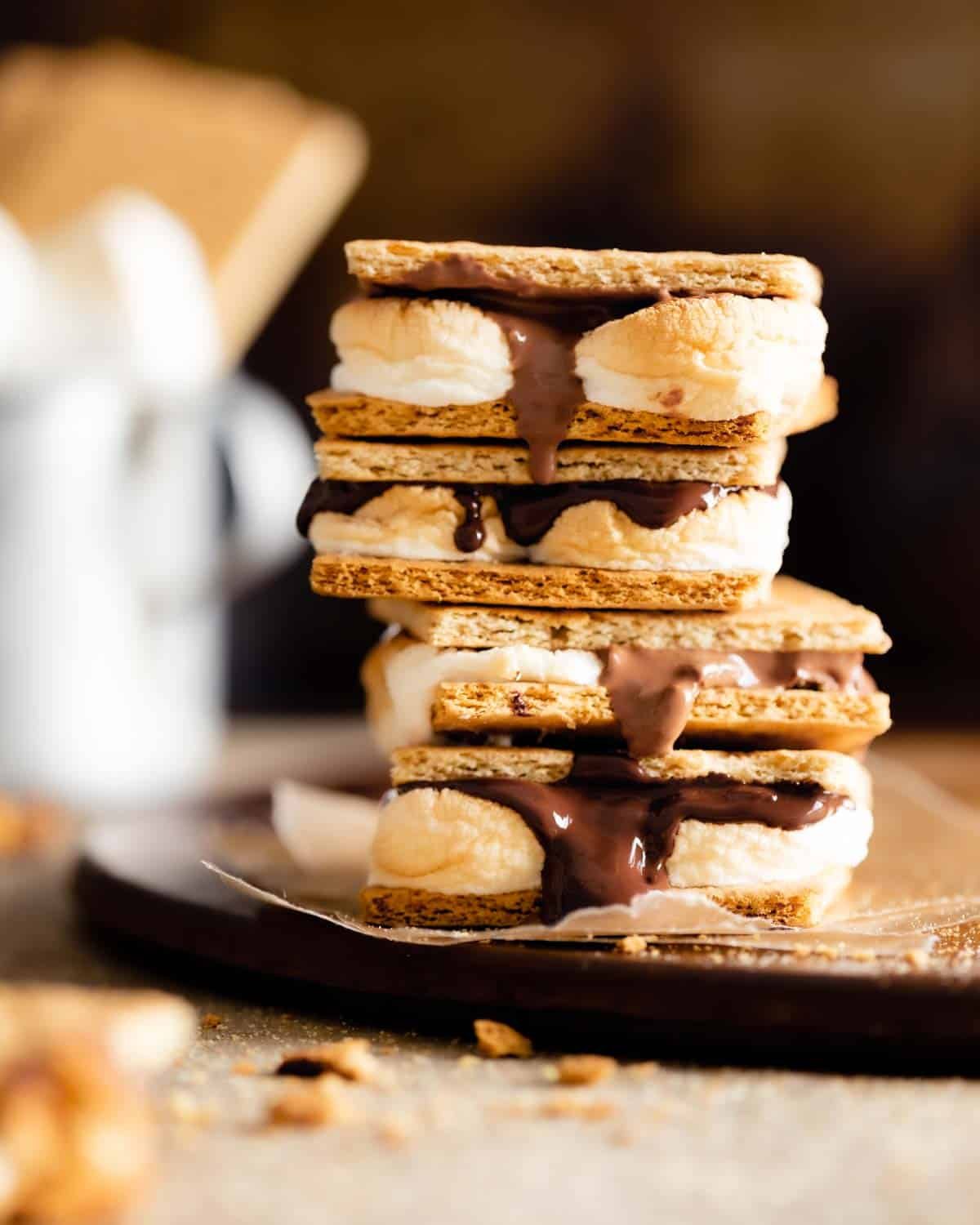 side view of smores stacked closeup up