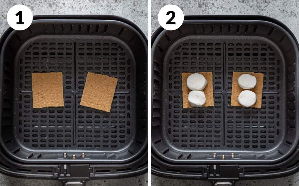 steps 1 & 2 graham crackers in air fryer basket marshmallows on top on them in basket