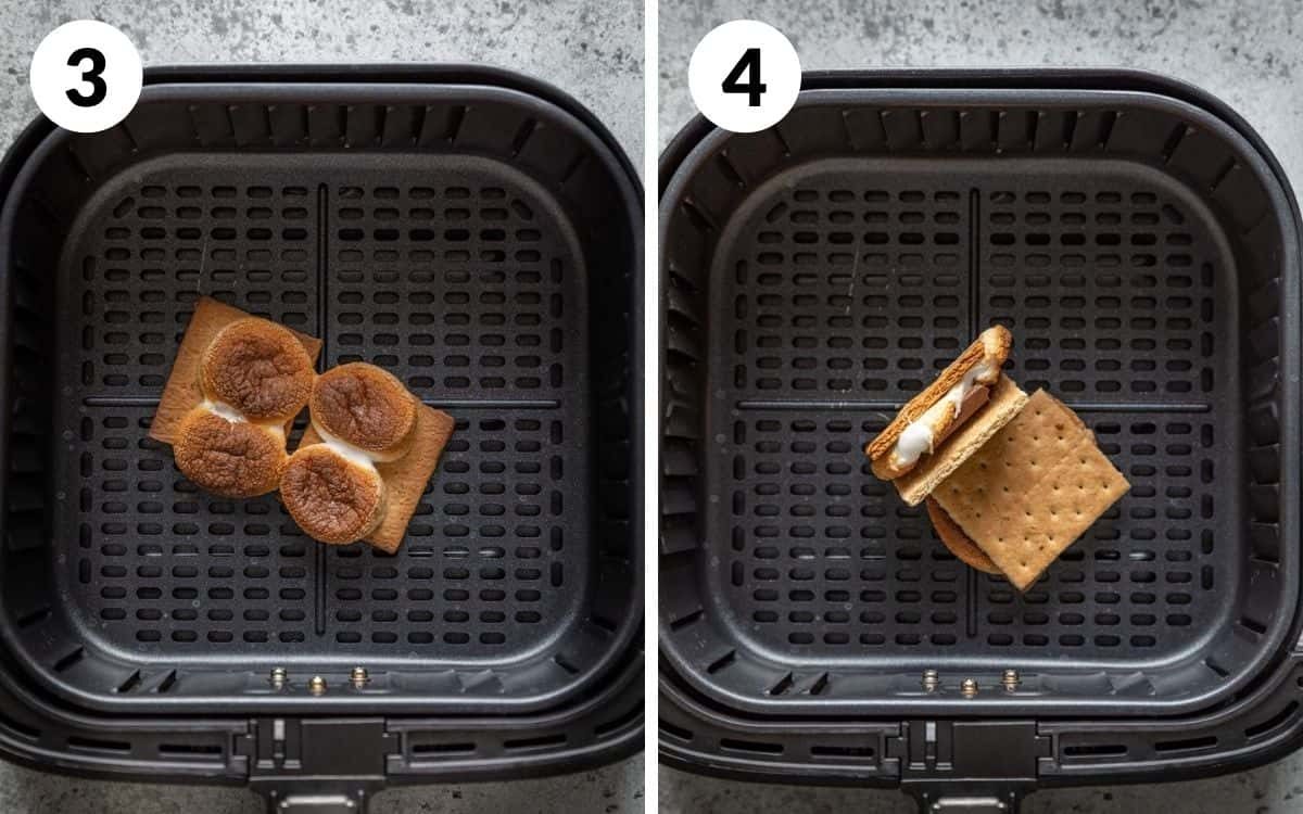 steps 3 & 4 toasted marshmallows finished smores in air fryer basket