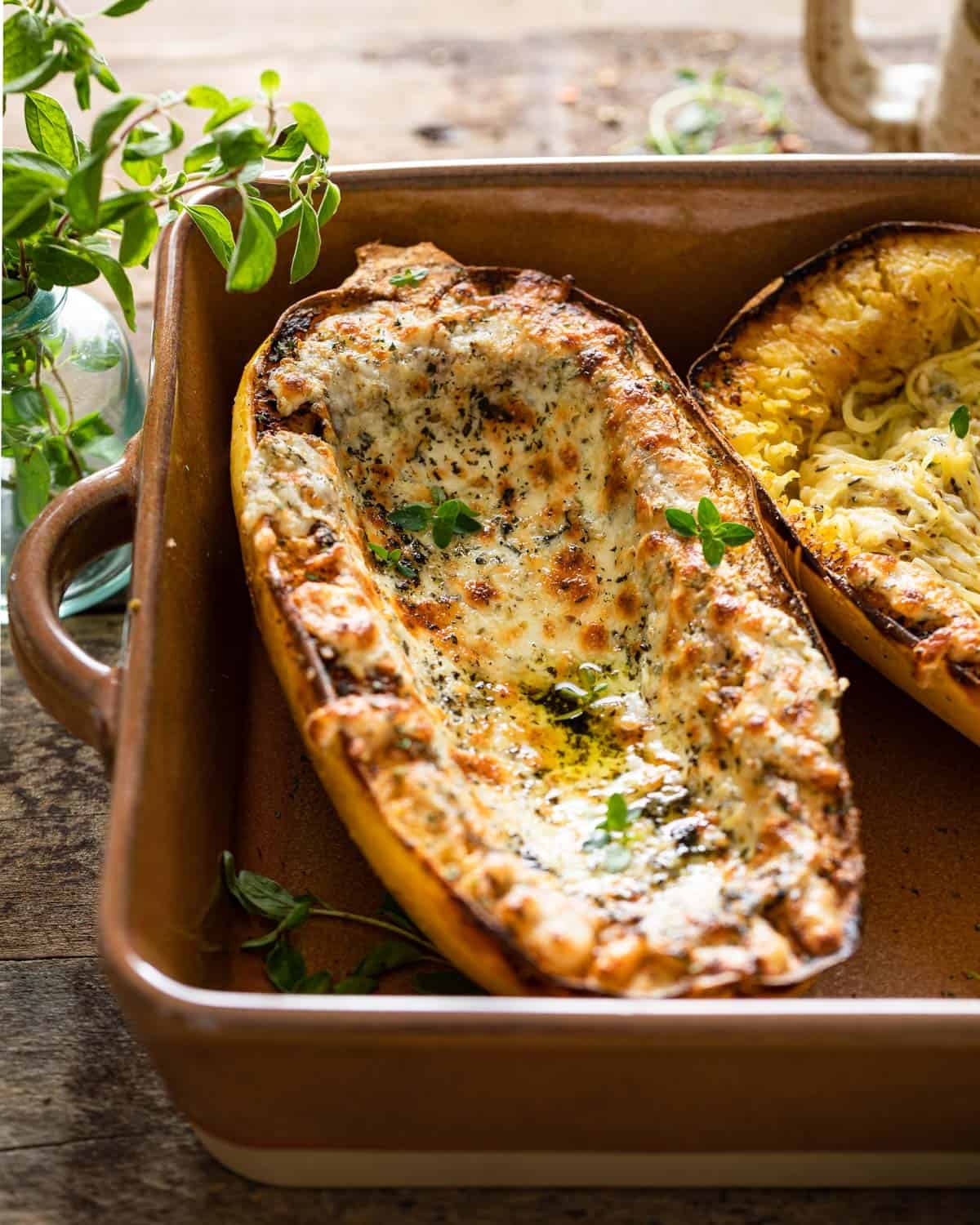 Air fryer spaghetti squash with cheese on top.