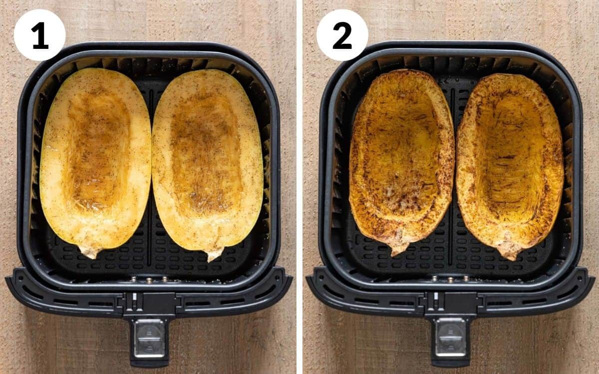 steps 1 & 2 spaghetti squash cut-side up in air fryer basket air fried spaghetti squash