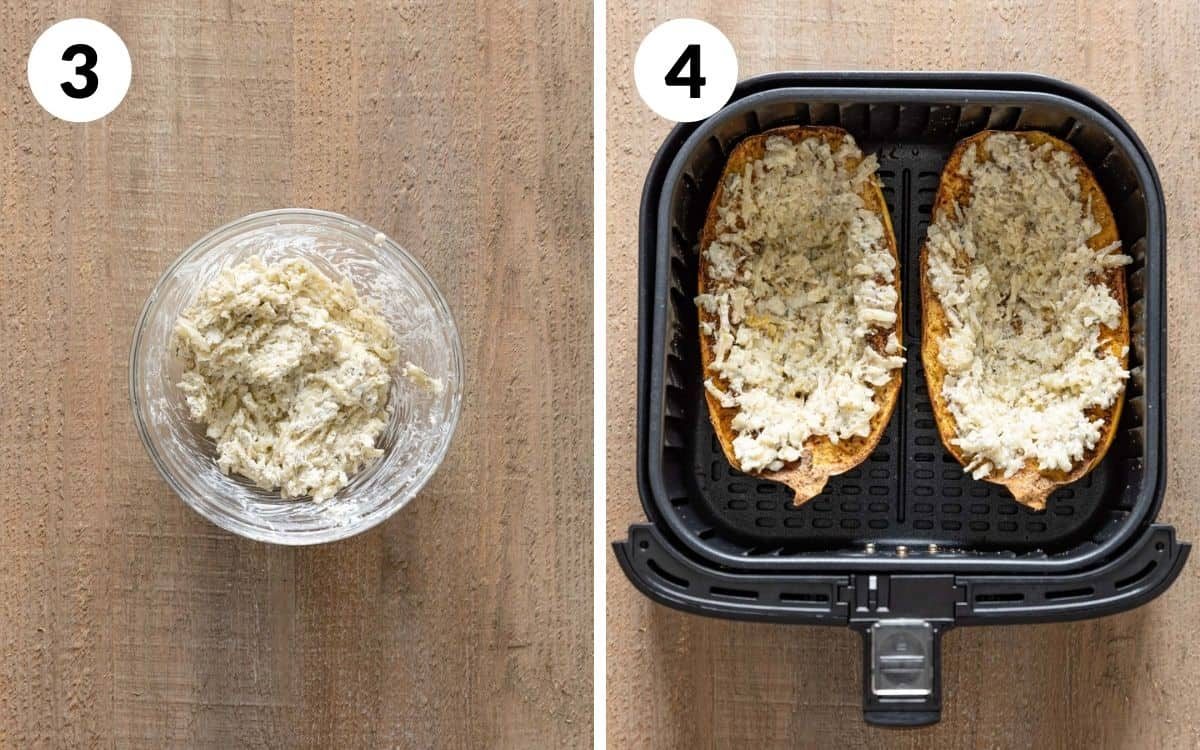 steps 3 & 4 cheese mixture in bowl cheese topping spread on top of squash