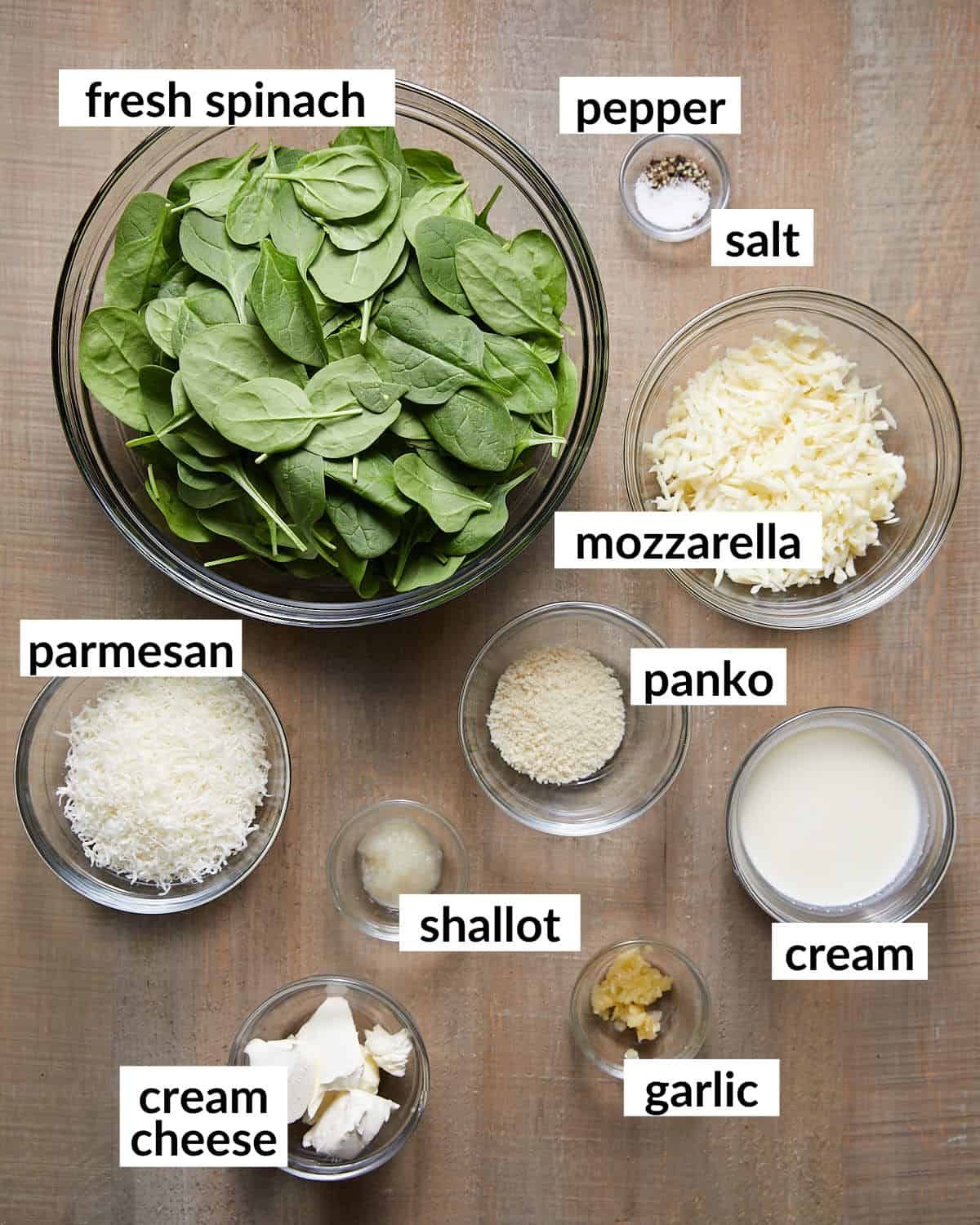 Photo of ingredients needed for air fryer spinach dip.