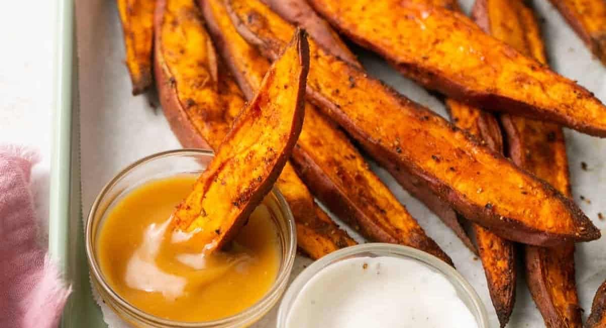 Overhead image of air fryer sweet potato wedges.